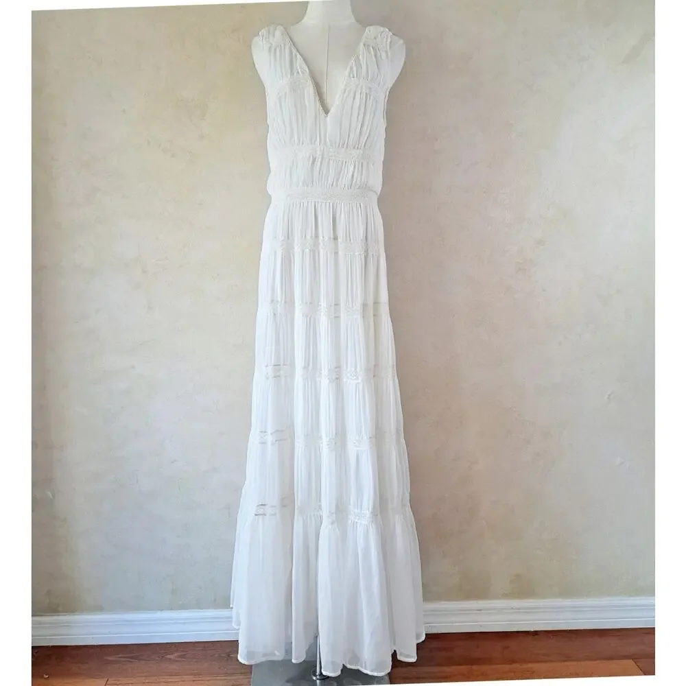 Abercrombie & Fitch White Plunge Lace Tiered Boho Maxi Dress Medium Tall MT